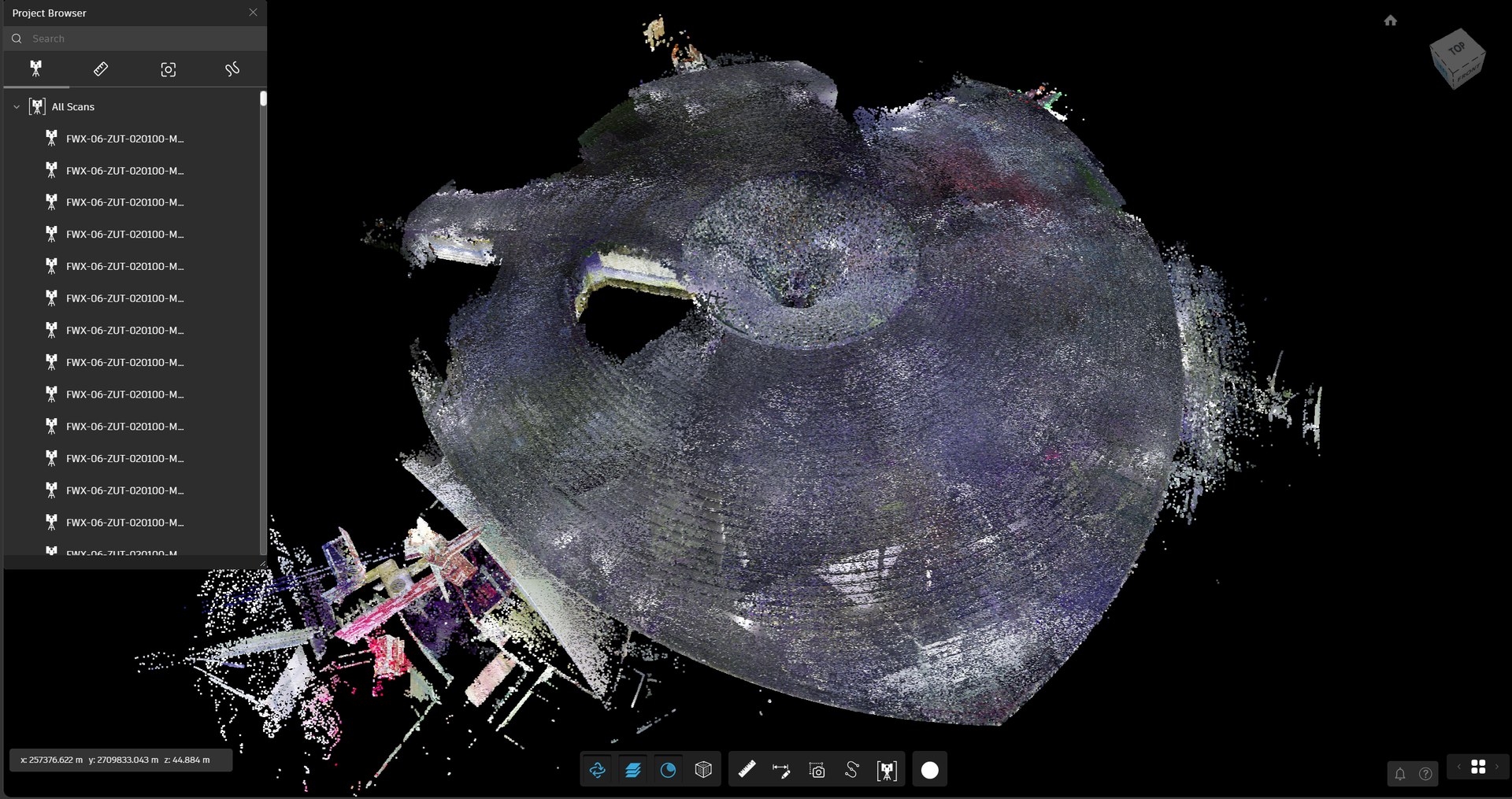 Registered point cloud of the park with the scan list open